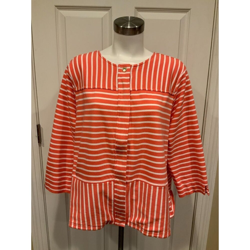 C Wonder Coral Pink & White Striped 3/4 Sleeve Zip-Up Cardigan, Size 22W